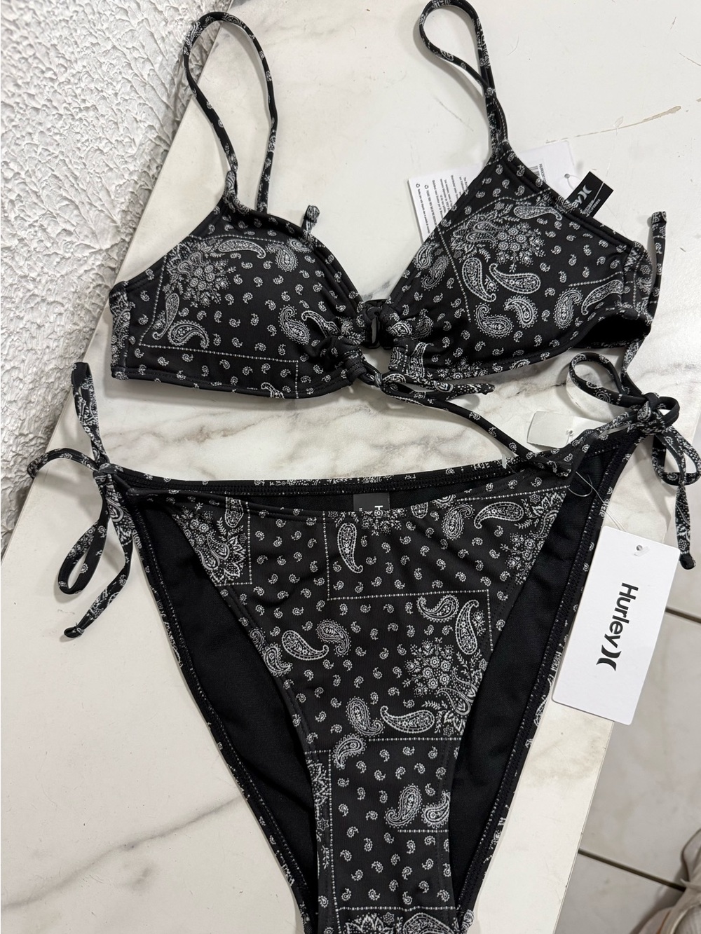 NWT Hurley Black Bandana Paisley Bikini Set Top S Bottom L